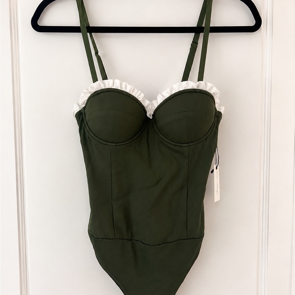 Lovers + Friends Olive Green One-Piece with White Ruffle